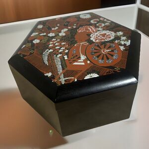 Hexagon Asian Trinket Jewelry Nesting (3) Boxes w/Lid Vtg Black Plastic Floral